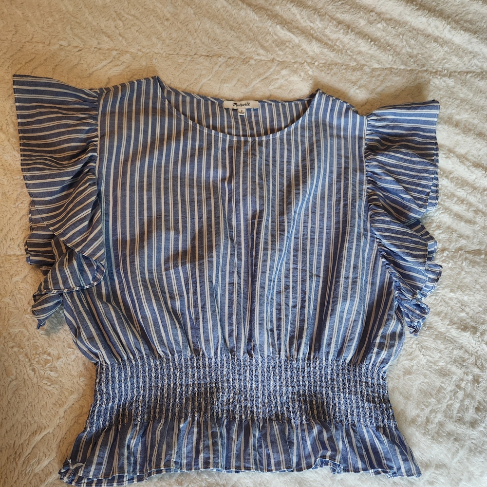 Madewell Flutter-Sleeve Smocked Top in Stripe Sz Med